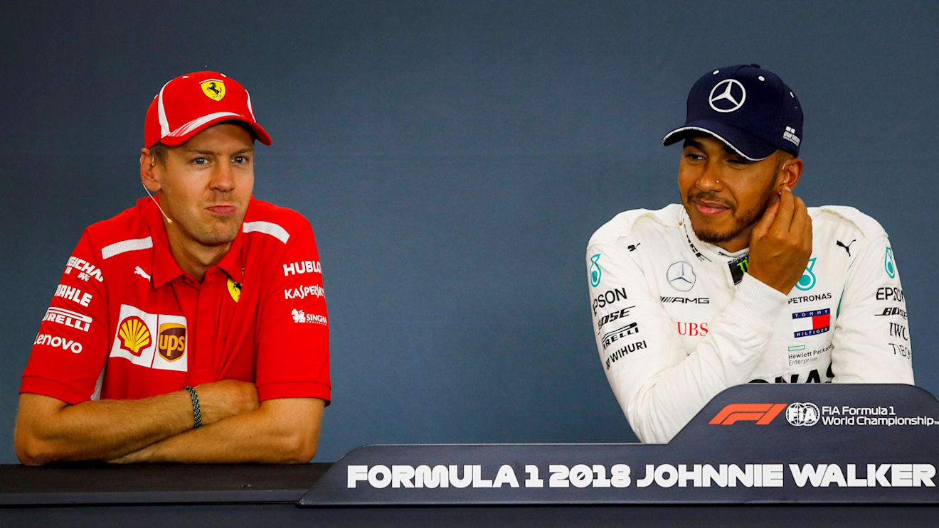 Sebastian Vettel, Ferrari and Lewis Hamilton, Mercedes AMG F1 in press conference at Formula One World Championship, Rd13, Belgian Grand Prix, Qualifying, Spa Francorchamps, Belgium, Saturday 25 August 2018. © Manuel Goria/Sutton Images
