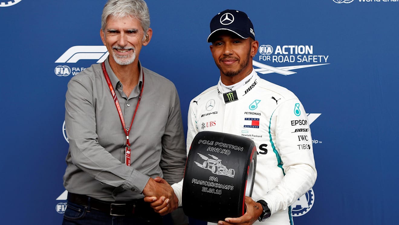 Damon Hill, Sky TV presents the Pirelli Pole Position Award to Lewis Hamilton, Mercedes AMG F1 in parc ferme at Formula One World Championship, Rd13, Belgian Grand Prix, Qualifying, Spa Francorchamps, Belgium, Saturday 25 August 2018. © Glenn Dunbar/LAT/Sutton Images