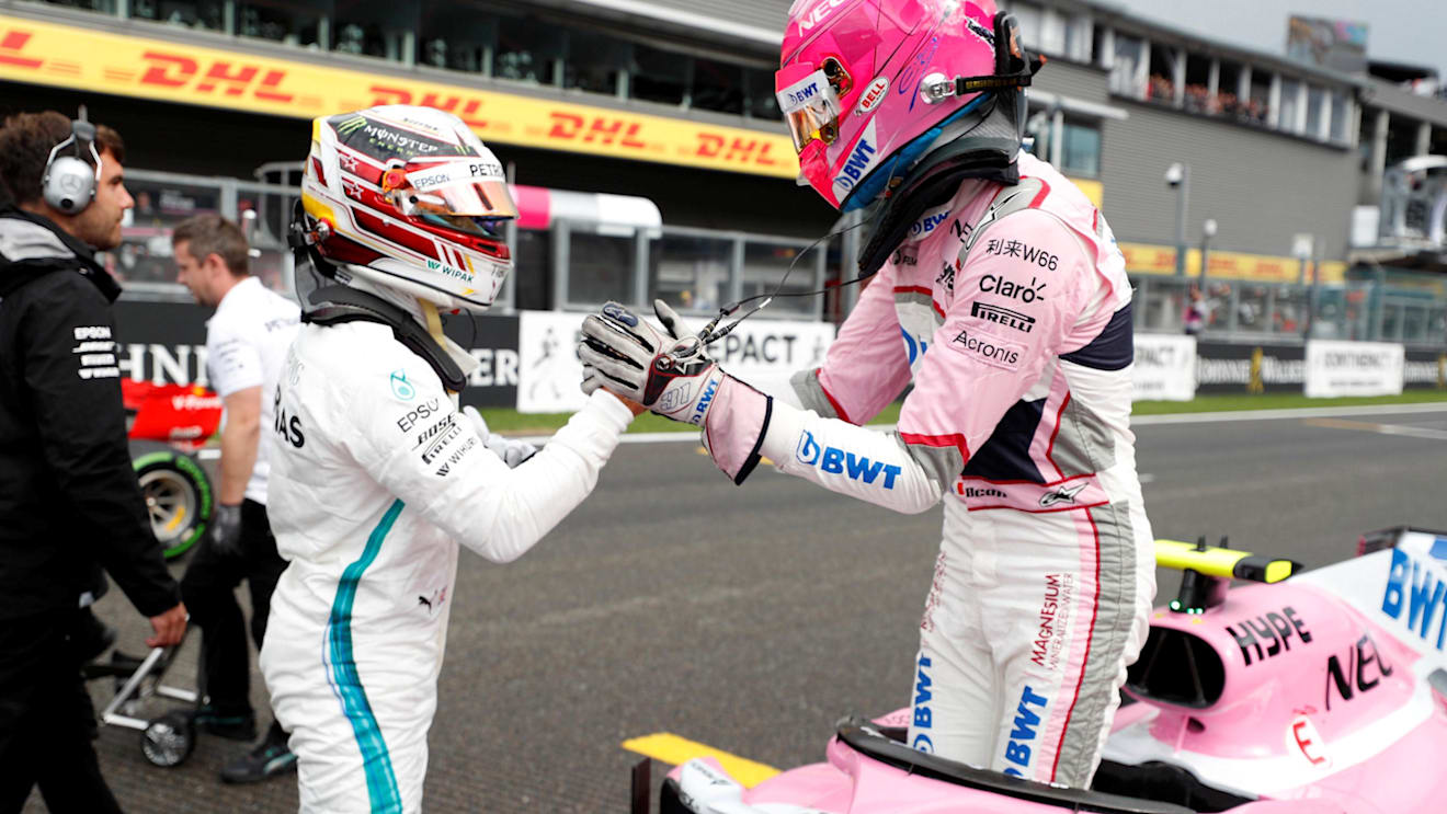 Lewis Hamilton, Mercedes AMG F1 and Esteban Ocon, Racing Point Force India VJM11 celebrate in parc ferme at Formula One World Championship, Rd13, Belgian Grand Prix, Qualifying, Spa Francorchamps, Belgium, Saturday 25 August 2018. © Steven Tee/LAT/Sutton Images