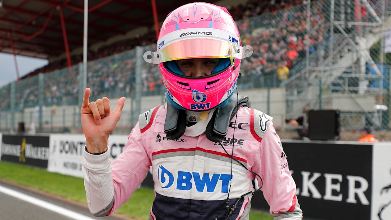 Esteban Ocon, Racing Point Force India F1 Team celebrates in parc ferme at Formula One World Championship, Rd13, Belgian Grand Prix, Qualifying, Spa Francorchamps, Belgium, Saturday 25 August 2018. © Steven Tee/LAT/Sutton Images