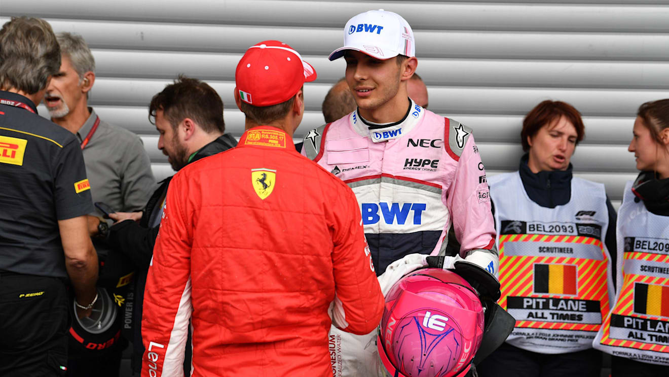 Sebastian Vettel, Ferrari and Esteban Ocon, Racing Point Force India F1 Team in parc ferme at Formula One World Championship, Rd13, Belgian Grand Prix, Qualifying, Spa Francorchamps, Belgium, Saturday 25 August 2018. © Mark Sutton/Sutton Images