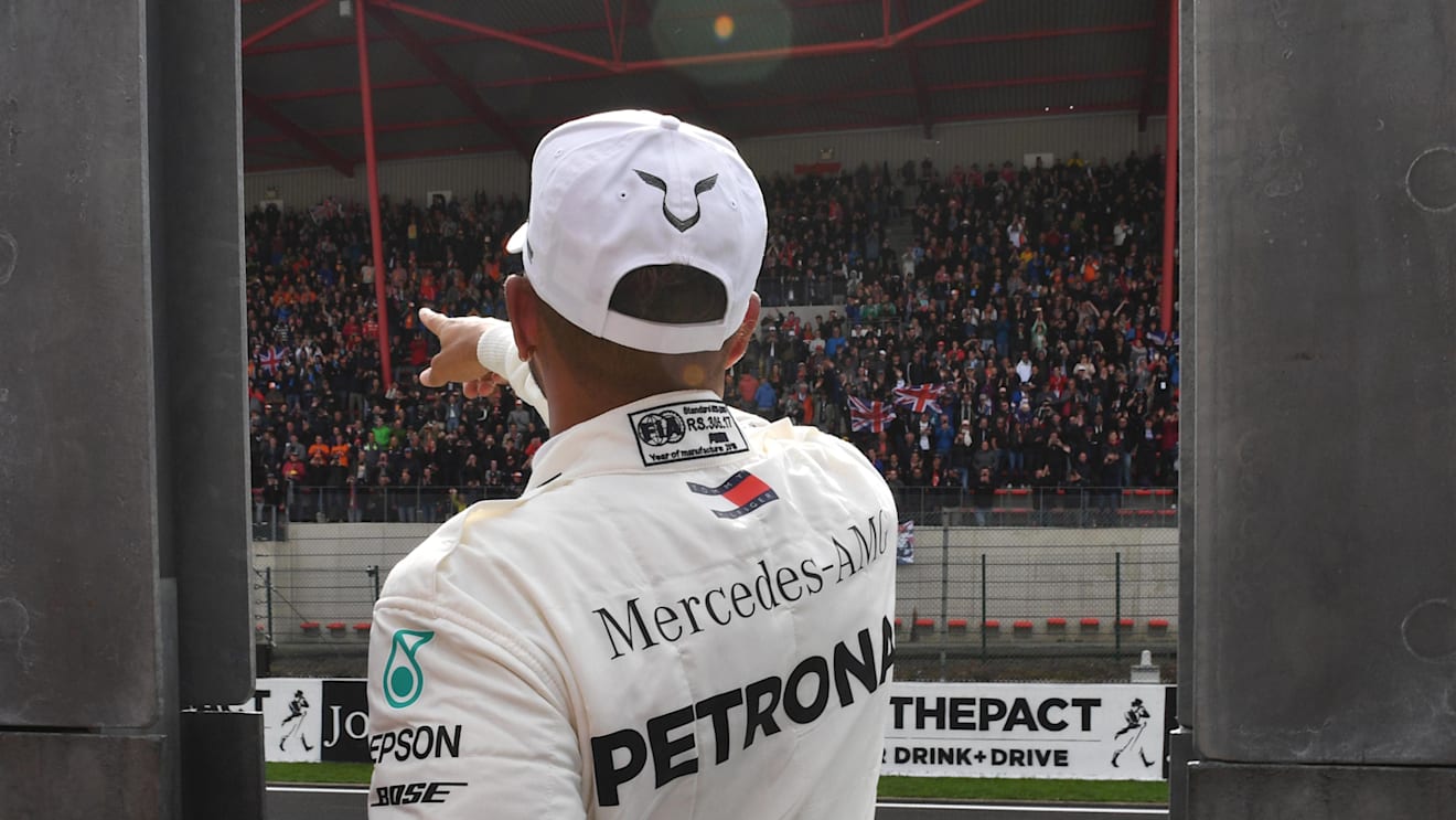 Lewis Hamilton, Mercedes AMG F1 celebrates in parc ferme at Formula One World Championship, Rd13, Belgian Grand Prix, Qualifying, Spa Francorchamps, Belgium, Saturday 25 August 2018. © Mark Sutton/Sutton Images