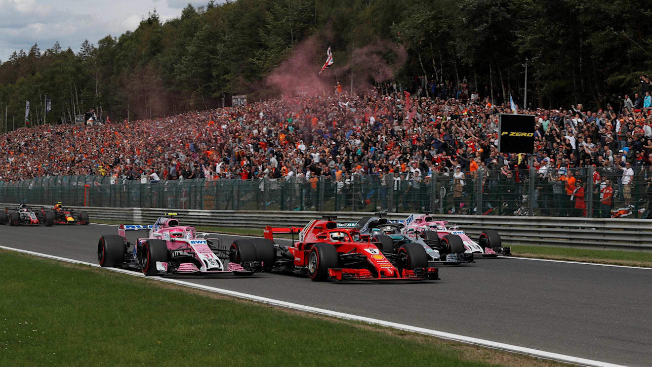 (L to R): Esteban Ocon, Racing Point Force India VJM11, Sebastian Vettel, Ferrari SF71H, Lewis Hamilton, Mercedes AMG F1 W09 and Sergio Perez, Racing Point Force India VJM11 on lap 1 at Formula One World Championship, Rd13, Belgian Grand Prix, Race, Spa Francorchamps, Belgium, Sunday 26 August 2018. © Manuel Goria/Sutton Images
