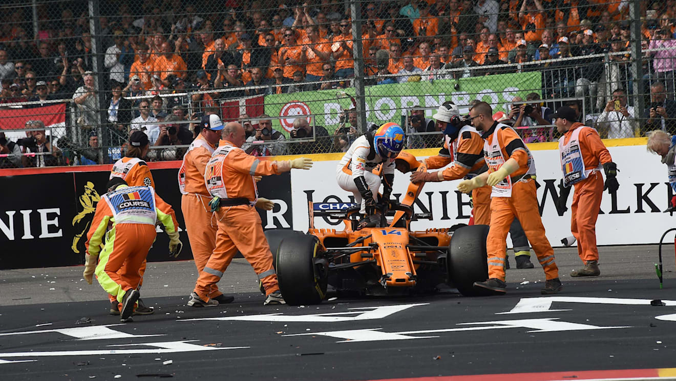 Fernando Alonso, McLaren MCL33 getting out of his crashed car at Formula One World Championship, Rd13, Belgian Grand Prix, Race, Spa Francorchamps, Belgium, Sunday 26 August 2018. © Jose Rubio/Sutton Images