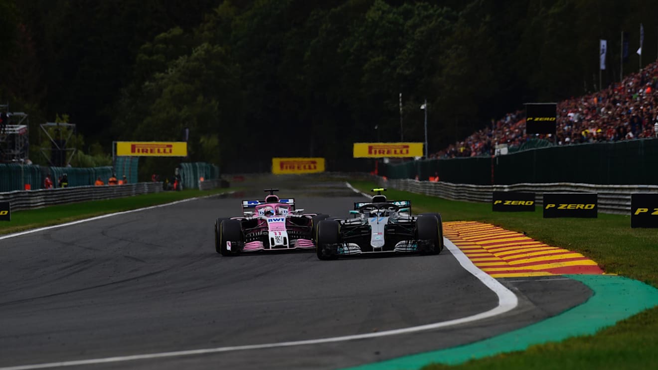Valtteri Bottas, Mercedes AMG F1 W09 and Sergio Perez, Racing Point Force India VJM11 at Formula One World Championship, Rd13, Belgian Grand Prix, Race, Spa Francorchamps, Belgium, Sunday 26 August 2018. © Jerry Andre/Sutton Images