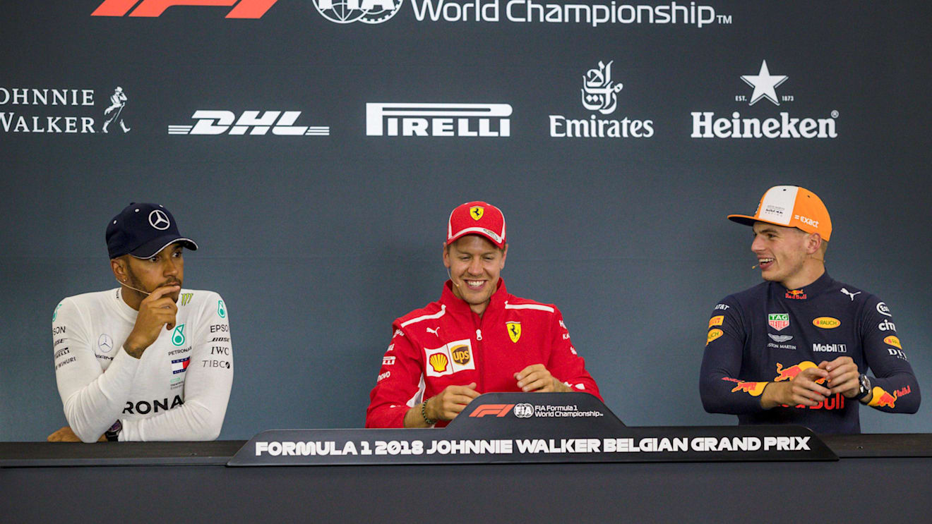 (L to R): Lewis Hamilton, Mercedes AMG F1, Sebastian Vettel, Ferrari and mbp in the press confrence at Formula One World Championship, Rd13, Belgian Grand Prix, Race, Spa Francorchamps, Belgium, Sunday 26 August 2018. © Manuel Goria/Sutton Images