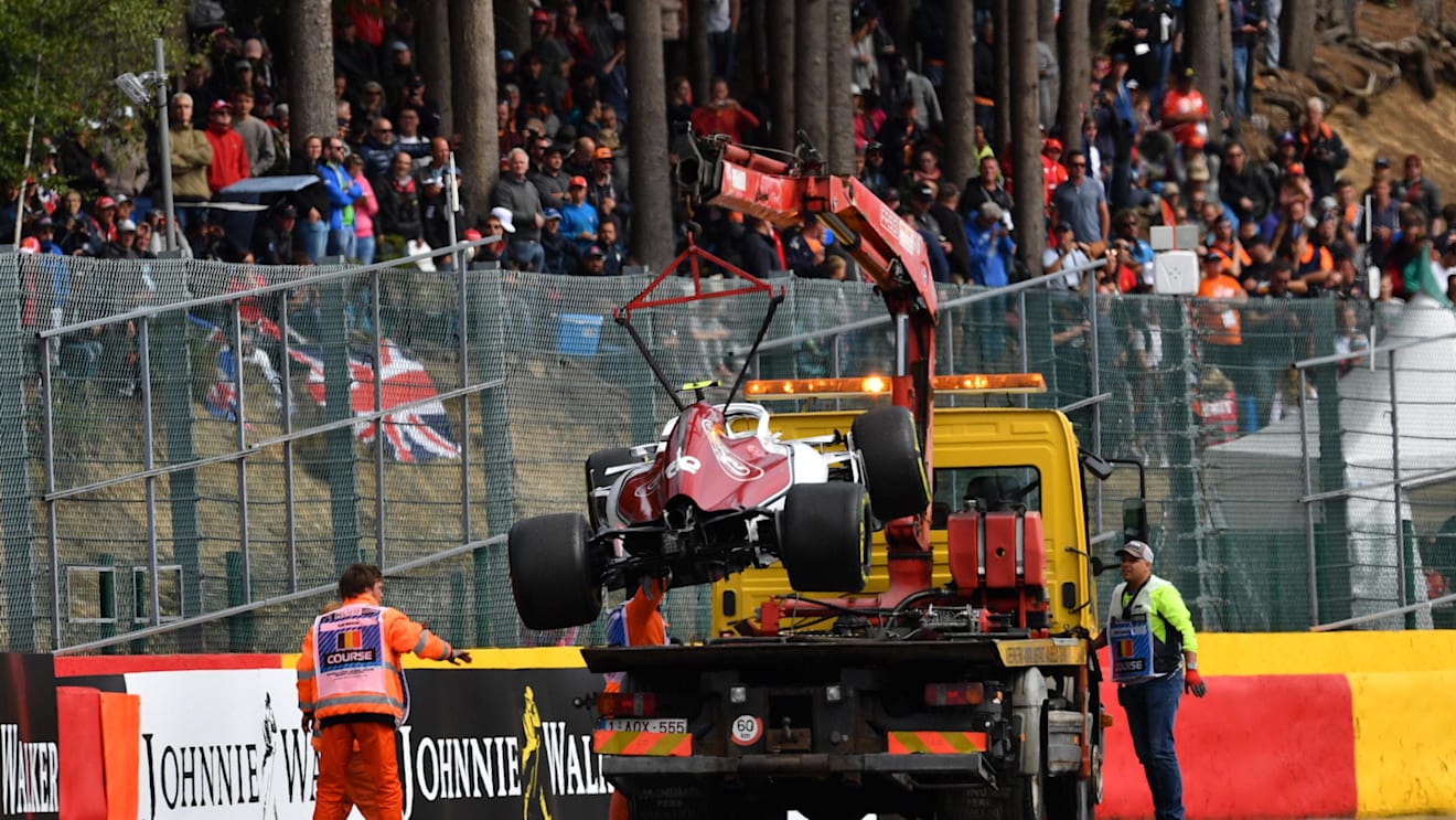The crashed car of Charles Leclerc, Alfa Romeo Sauber C37 is recovered at Formula One World Championship, Rd13, Belgian Grand Prix, Race, Spa Francorchamps, Belgium, Sunday 26 August 2018. © Mark Sutton/Sutton Images