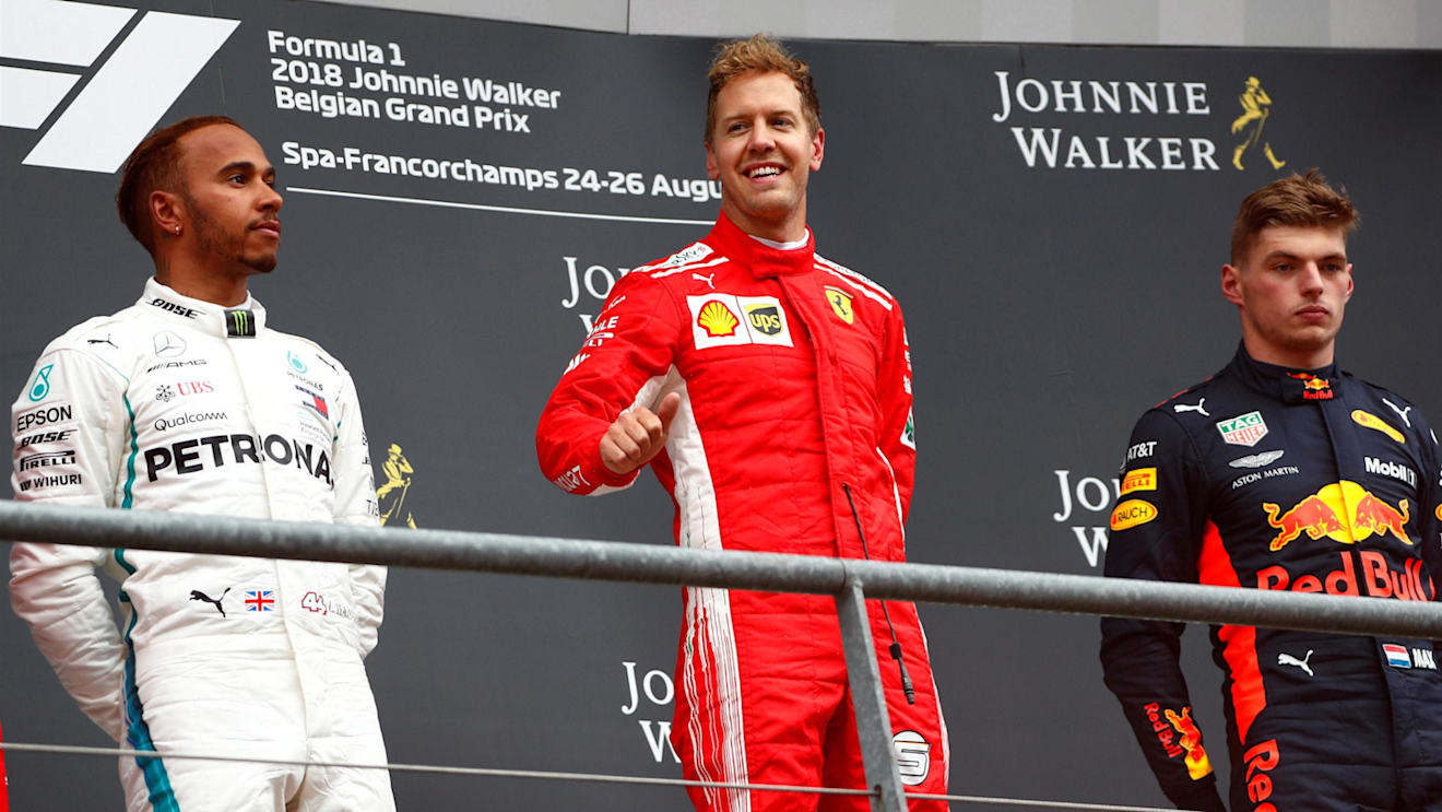 (L to R): Lewis Hamilton, Mercedes AMG F1. Sebastian Vettel, Ferrari and Max Verstappen, Red Bull Racing celebrate on the podium at Formula One World Championship, Rd13, Belgian Grand Prix, Race, Spa Francorchamps, Belgium, Sunday 26 August 2018. © Glenn Dunbar/LAT/Sutton Images