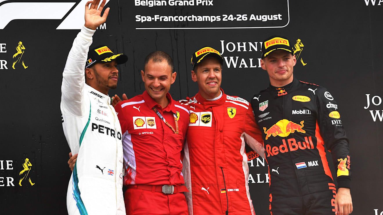 Lewis Hamilton, David Sanchez, Ferrari, Mercedes AMG F1, Sebastian Vettel, Ferrari and Max Verstappen, Red Bull Racing celebrate on the podium at Formula One World Championship, Rd13, Belgian Grand Prix, Race, Spa Francorchamps, Belgium, Sunday 26 August 2018. © Mark Sutton/Sutton Images