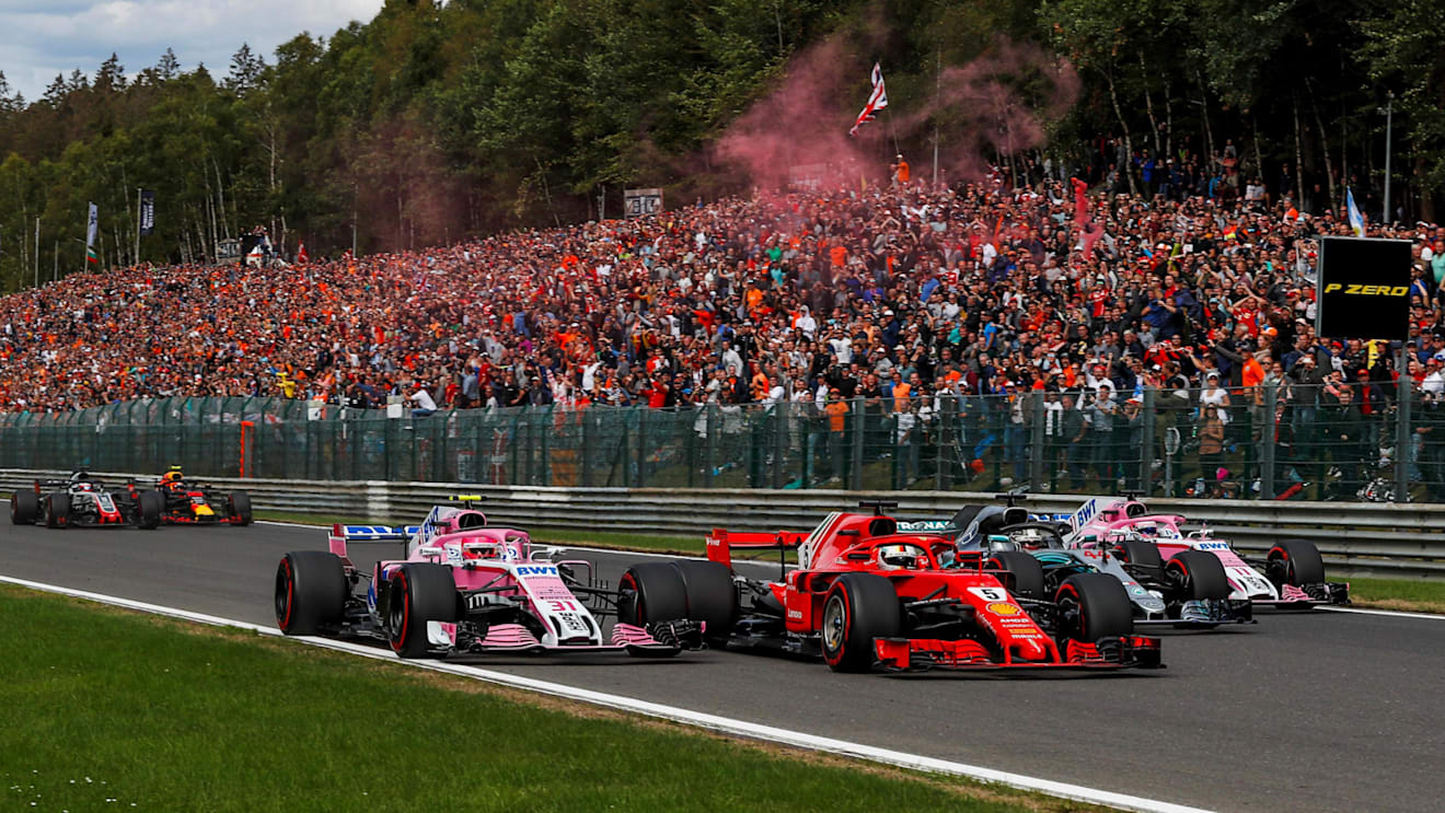 Esteban Ocon, Racing Point Force India F1 Team celebrates in parc ferme at Formula One World Championship, Rd13, Belgian Grand Prix, Qualifying, Spa Francorchamps, Belgium, Saturday 25 August 2018. © Steven Tee/LAT/Sutton Images