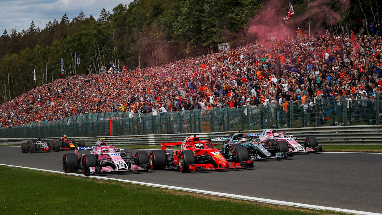 Esteban Ocon, Racing Point Force India VJM11, Sebastian Vettel, Ferrari SF71H, Lewis Hamilton, Mercedes AMG F1 W09 and Sergio Perez, Racing Point Force India VJM11 battle on lap one at Formula One World Championship, Rd13, Belgian Grand Prix, Race, Spa Francorchamps, Belgium, Sunday 26 August 2018. © Manuel Goria/Sutton Images