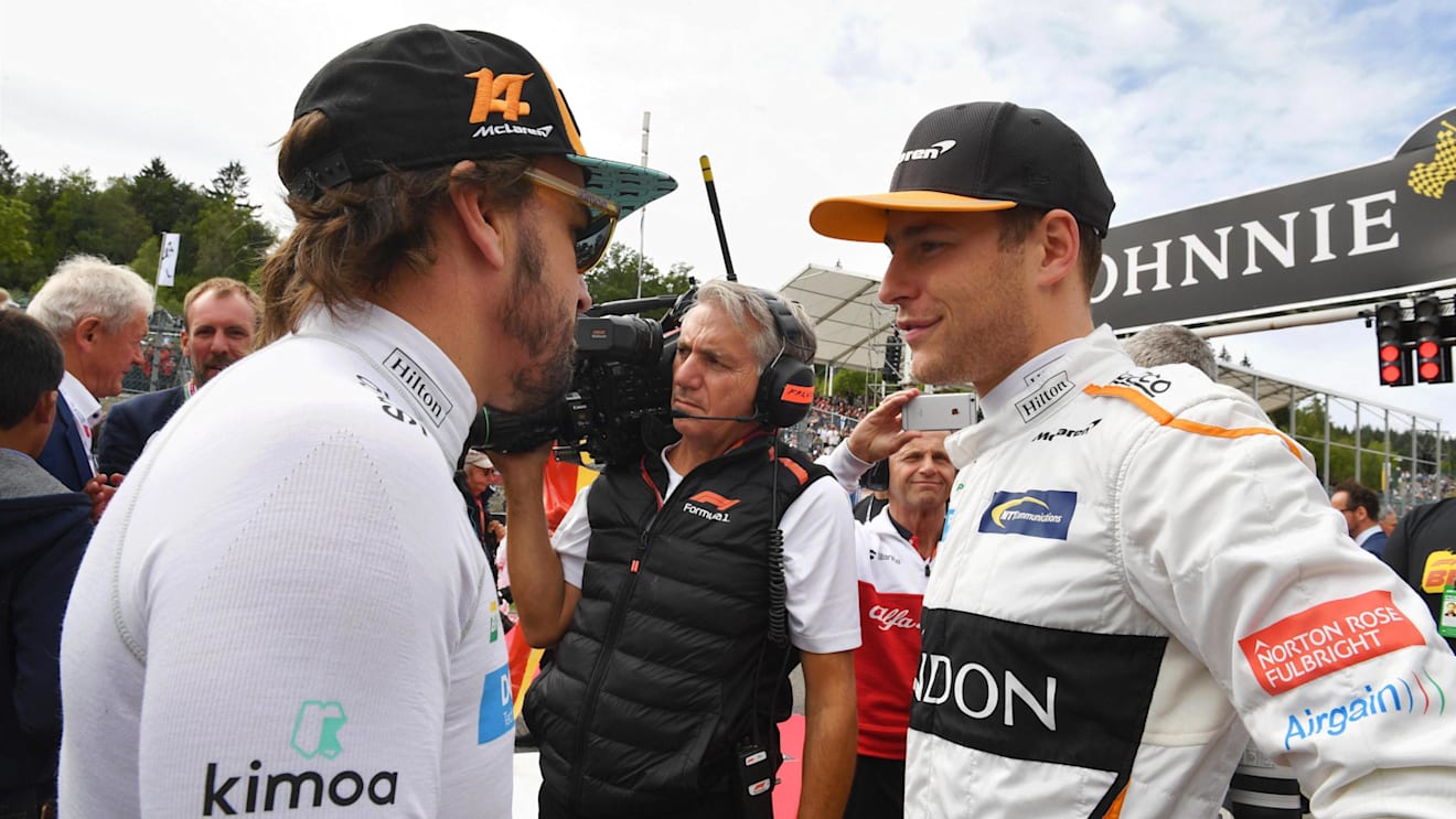 Fernando Alonso, McLaren and Stoffel Vandoorne, McLaren on the grid at Formula One World Championship, Rd13, Belgian Grand Prix, Race, Spa Francorchamps, Belgium, Sunday 26 August 2018. © Mark Sutton/Sutton Images