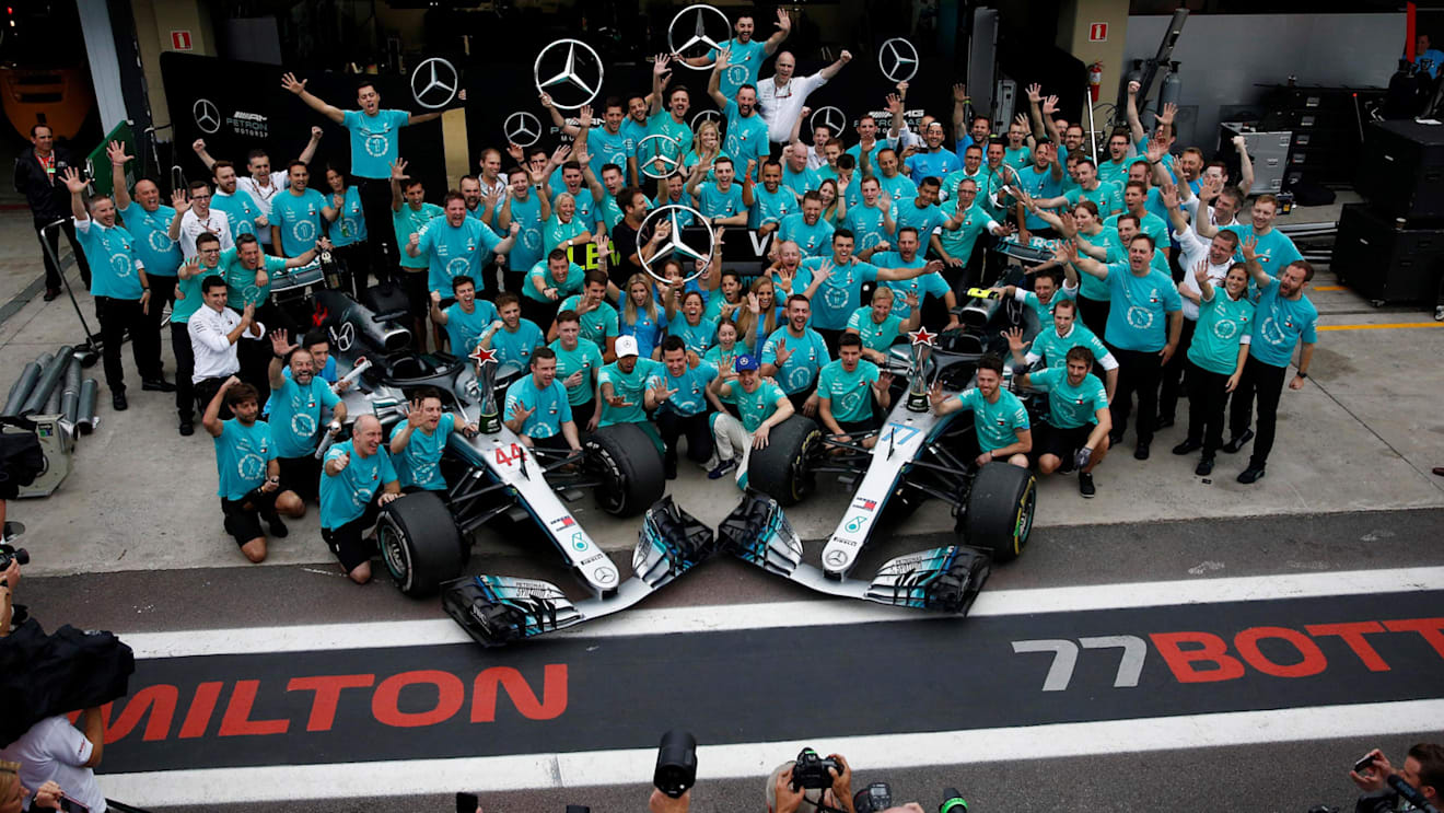 Lewis Hamilton, Mercedes AMG F1, Valtteri Bottas, Mercedes AMG F1, Toto Wolff, Mercedes AMG F1 Director of Motorsport and the Mercedes-AMG F1 celebrate clinching the Constructors Championship at Formula One World Championship, Rd20, Brazilian Grand Prix, Race, Interlagos, Sao Paulo, Brazil, Sunday 11 November 2018.