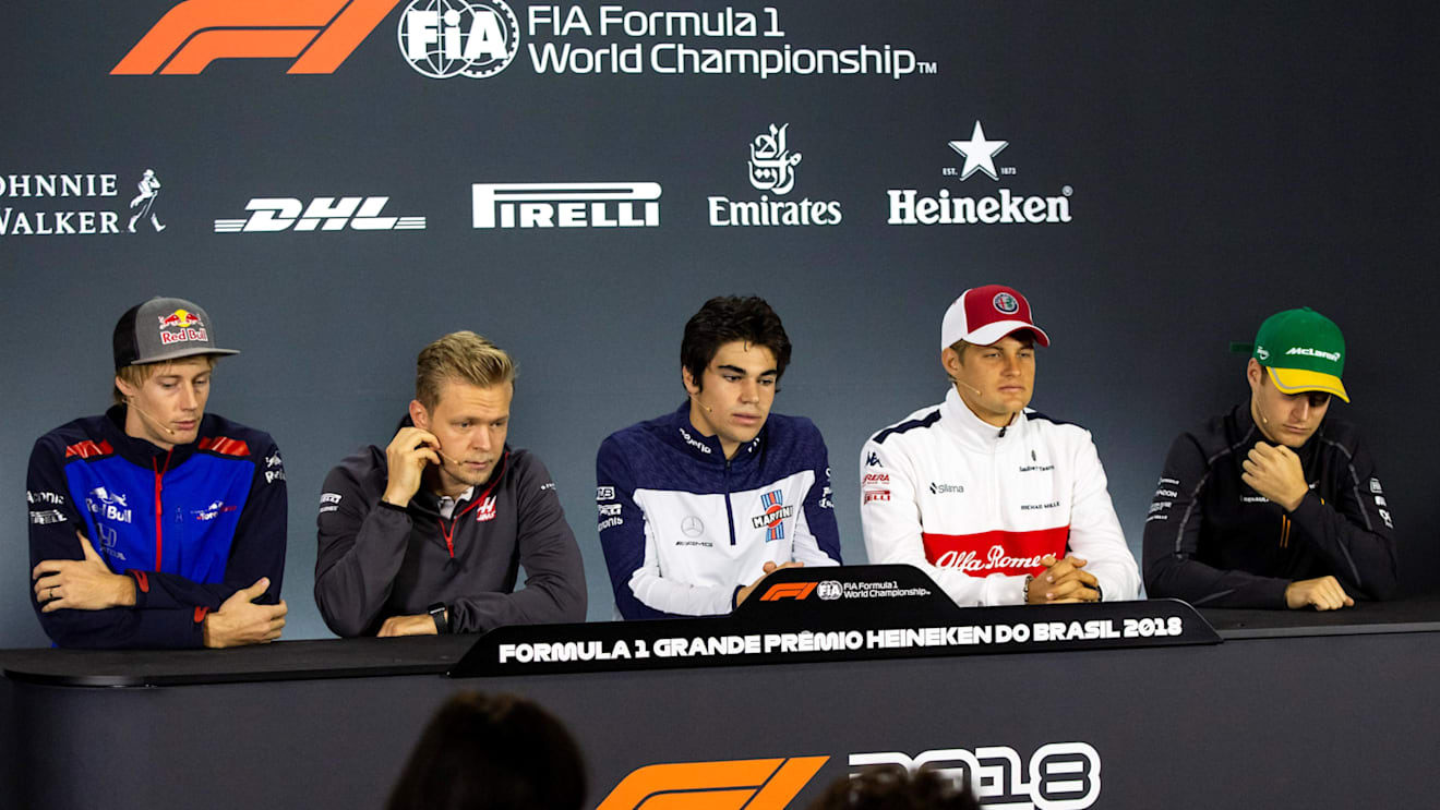 (L to R): Brendon Hartley, Scuderia Toro Rosso, Kevin Magnussen, Haas F1 Team, Lance Stroll, Williams Racing, Marcus Ericsson, Alfa Romeo Sauber F1 Team and Stoffel Vandoorne, McLaren in the press conference at Formula One World Championship, Rd20, Brazilian Grand Prix, Preparations, Interlagos, Sao Paulo, Brazil, Thursday 8 November 2018.