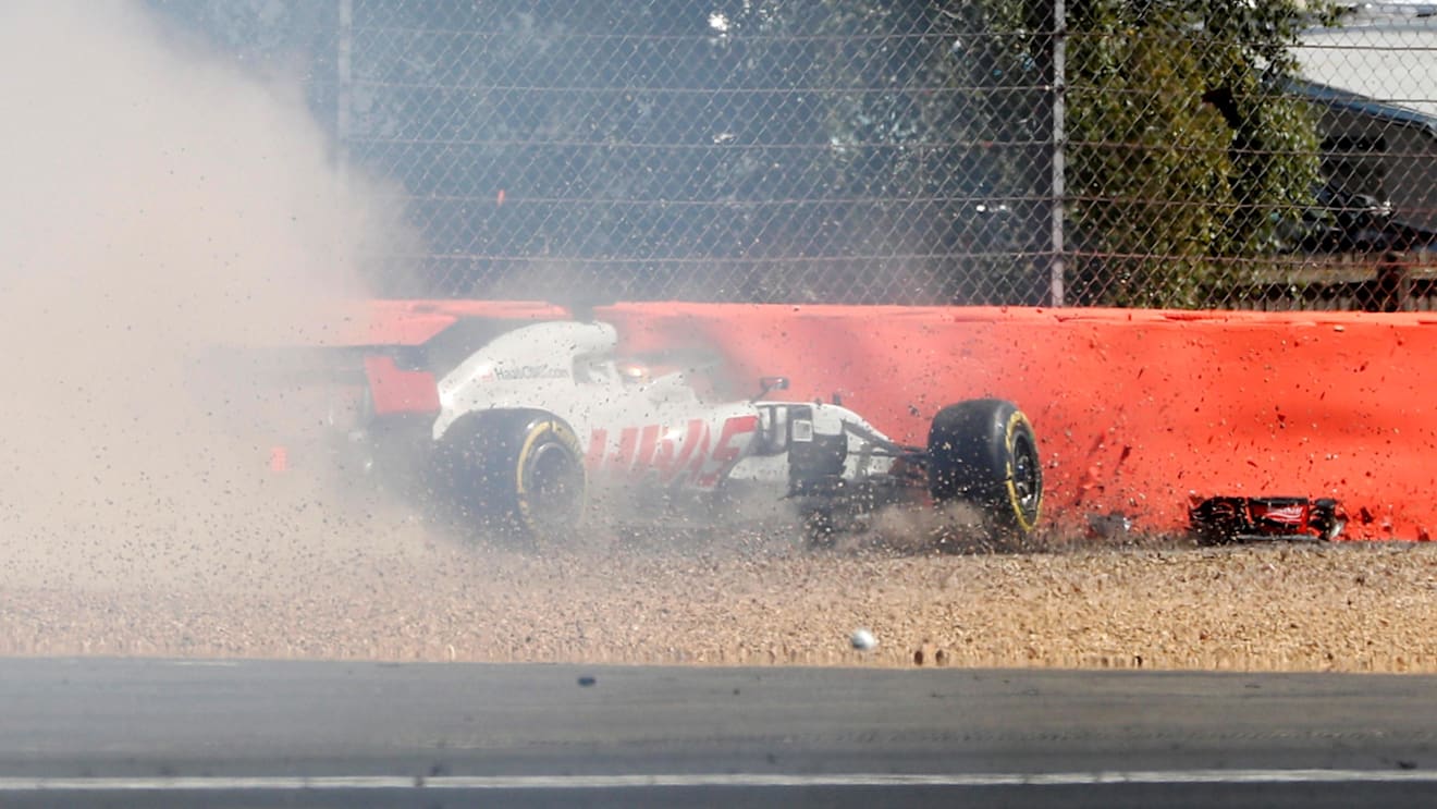 Romain Grosjean (FRA) Haas VF-18 crashing at Formula One World Championship, Rd10, British Grand Prix, Practice, Silverstone, England, Friday 6 July 2018. © Steven Tee/Lat/Sutton Images