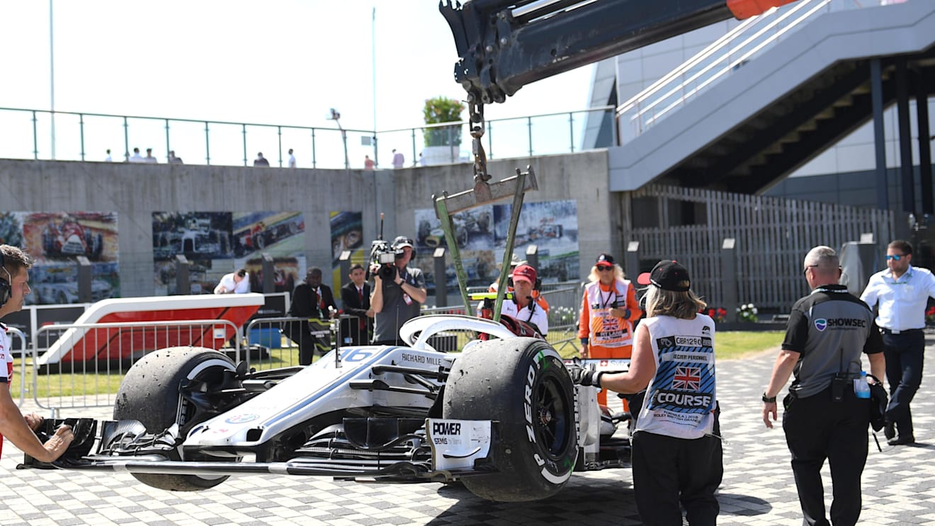 The crashed car of Marcus Ericsson (SWE) Alfa Romeo Sauber C37 at Formula One World Championship, Rd10, British Grand Prix, Race, Silverstone, England, Sunday 8 July 2018. © Simon Galloway/Sutton Images