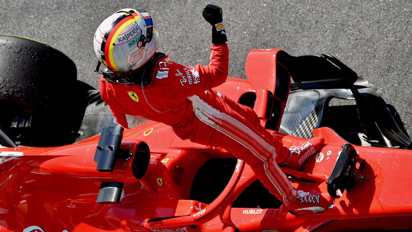 Race winner Sebastian Vettel (GER) Ferrari SF-71H celebrates in parc ferme at Formula One World Championship, Rd10, British Grand Prix, Race, Silverstone, England, Sunday 8 July 2018. © Jerry Andre/Sutton Images