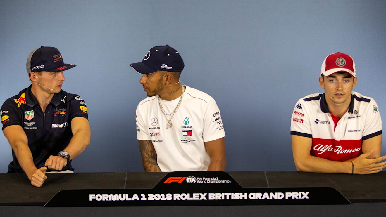 Max Verstappen (NED) Red Bull Racing, Lewis Hamilton (GBR) Mercedes-AMG F1 and Charles Leclerc (MON) Alfa Romeo Sauber F1 Team in the Press Conference at Formula One World Championship, Rd10, British Grand Prix, Preparations, Silverstone, England, Thursda