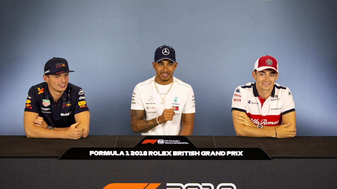 Max Verstappen (NED) Red Bull Racing, Lewis Hamilton (GBR) Mercedes-AMG F1 and Charles Leclerc (MON) Alfa Romeo Sauber F1 Team in the Press Conference at Formula One World Championship, Rd10, British Grand Prix, Preparations, Silverstone, England, Thursday 5 July 2018. © Manuel Goria/Sutton Images