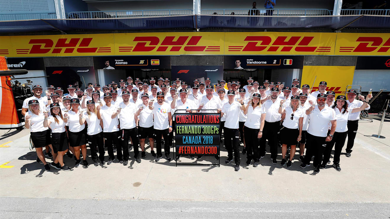 Fernando Alonso (ESP) McLaren celebrates his 300th GP with the team at Formula One World Championship, Rd7, Canadian Grand Prix, Practice, Montreal, Canada, Friday 8 June 2018. © Steven Tee/LAT/Sutton Images