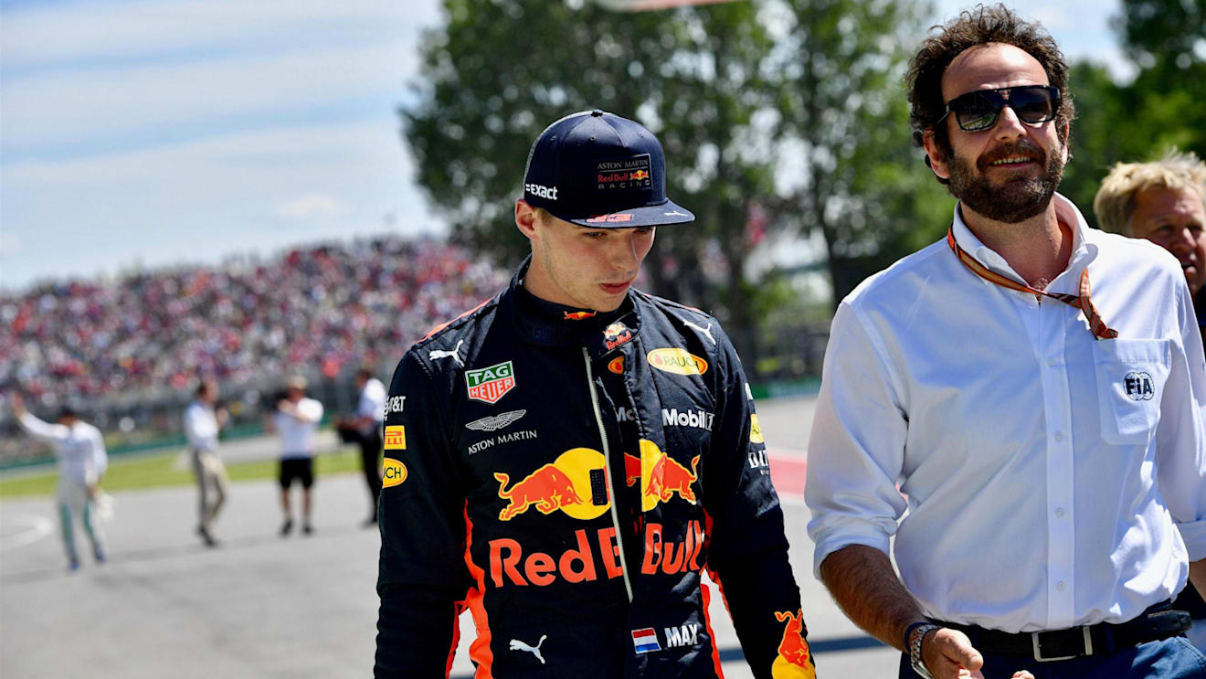 Max Verstappen (NED) Red Bull Racing and Matteo Bonciani (ITA) FIA Media Delegate in parc ferme at Formula One World Championship, Rd7, Canadian Grand Prix, Qualifying, Montreal, Canada, Saturday 9 June 2018. © Jerry Andre/Sutton Images
