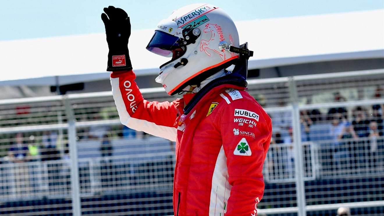 Pole sitter Sebastian Vettel (GER) Ferrari celebrates in parc ferme at Formula One World Championship, Rd7, Canadian Grand Prix, Qualifying, Montreal, Canada, Saturday 9 June 2018. © Jerry Andre/Sutton Images