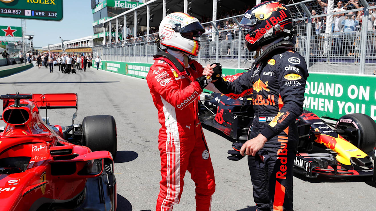 Pole sitter Sebastian Vettel (GER) Ferrari and Max Verstappen (NED) Red Bull Racing celebrate in parc ferme at Formula One World Championship, Rd7, Canadian Grand Prix, Qualifying, Montreal, Canada, Saturday 9 June 2018. © Steven Tee/LAT/Sutton Images