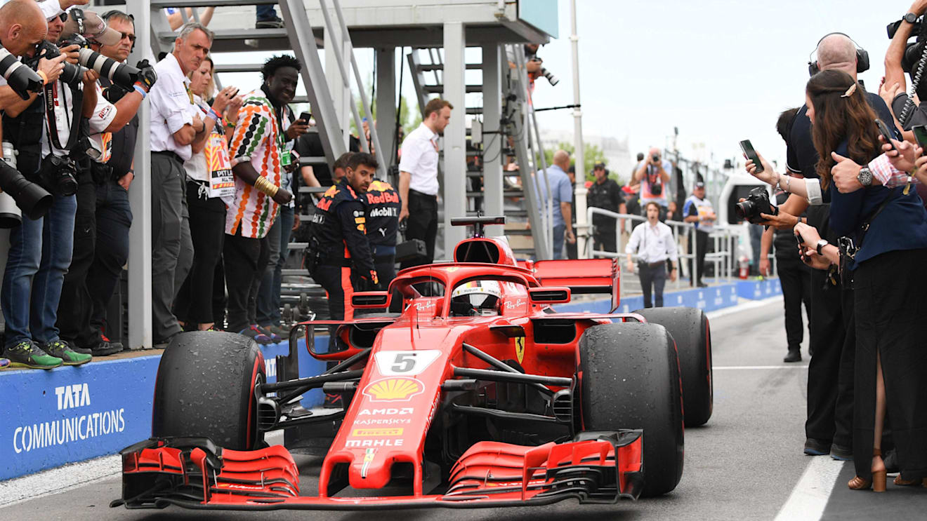 Race winner Sebastian Vettel (GER) Ferrari SF-71H arrives in parc ferme at Formula One World Championship, Rd7, Canadian Grand Prix, Race, Montreal, Canada, Sunday10 June 2018. © Simon Galloway/Sutton Images