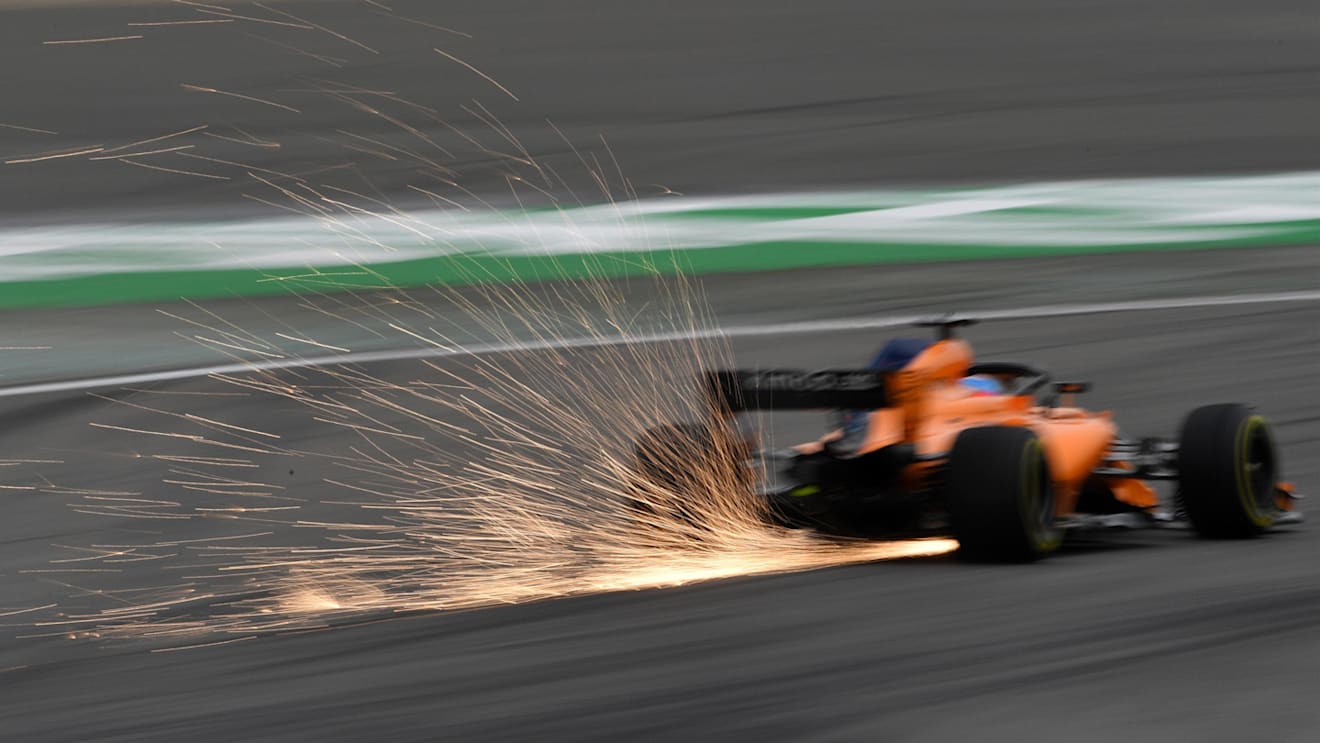 Fernando Alonso (ESP) McLaren MCL33 sparks at Formula One World Championship, Rd3, Chinese Grand Prix, Practice, Shanghai, China, Friday 13 April 2018. © Jerry Andre/Sutton Images