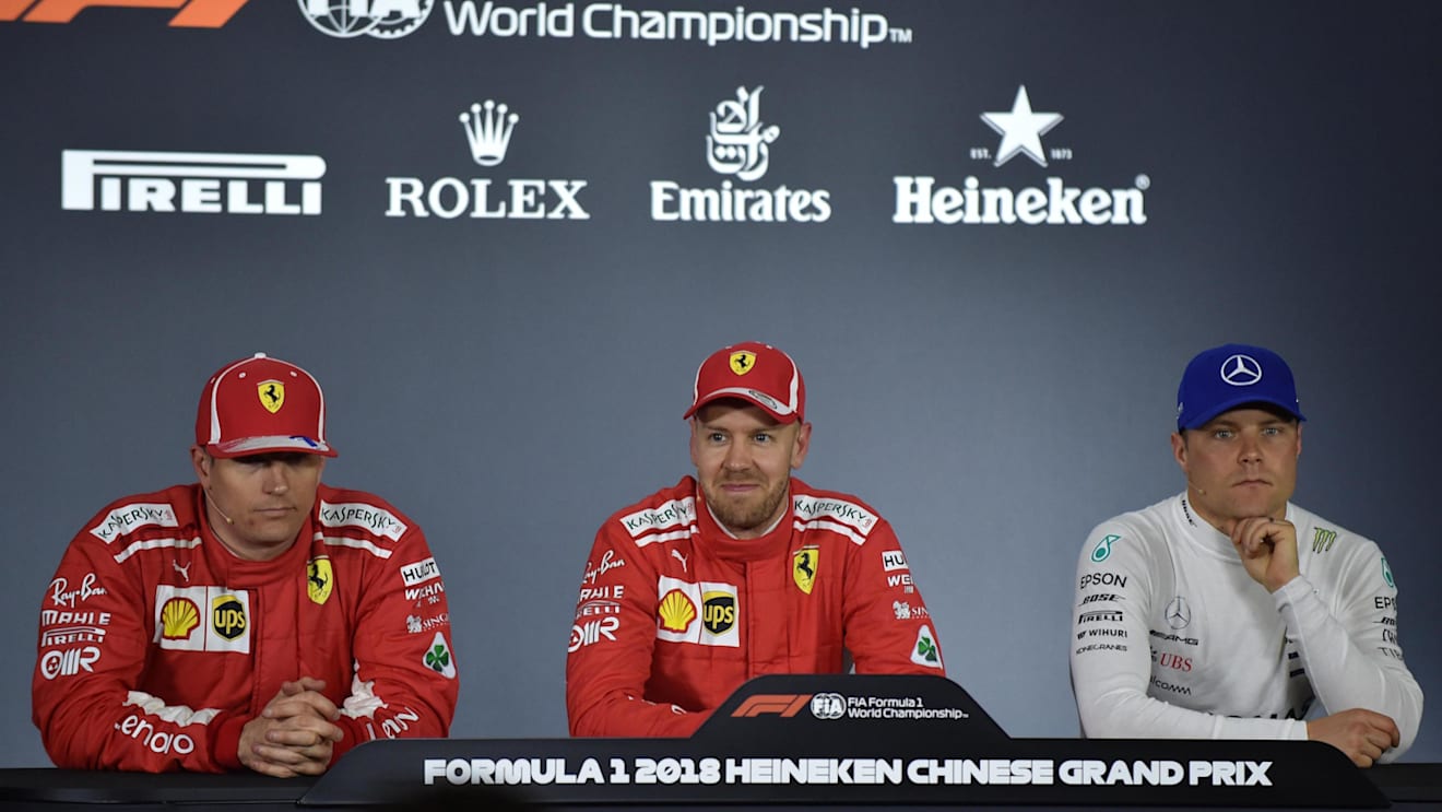 (L to R): Kimi Raikkonen (FIN), Sebastian Vettel (GER) and Valtteri Bottas (FIN) in the Press Conference at F1 World Championship, Rd3, Chinese Grand Prix, Qualifying, Shanghai, China, Saturday 14 April 2018. © Simon Galloway/Sutton Images