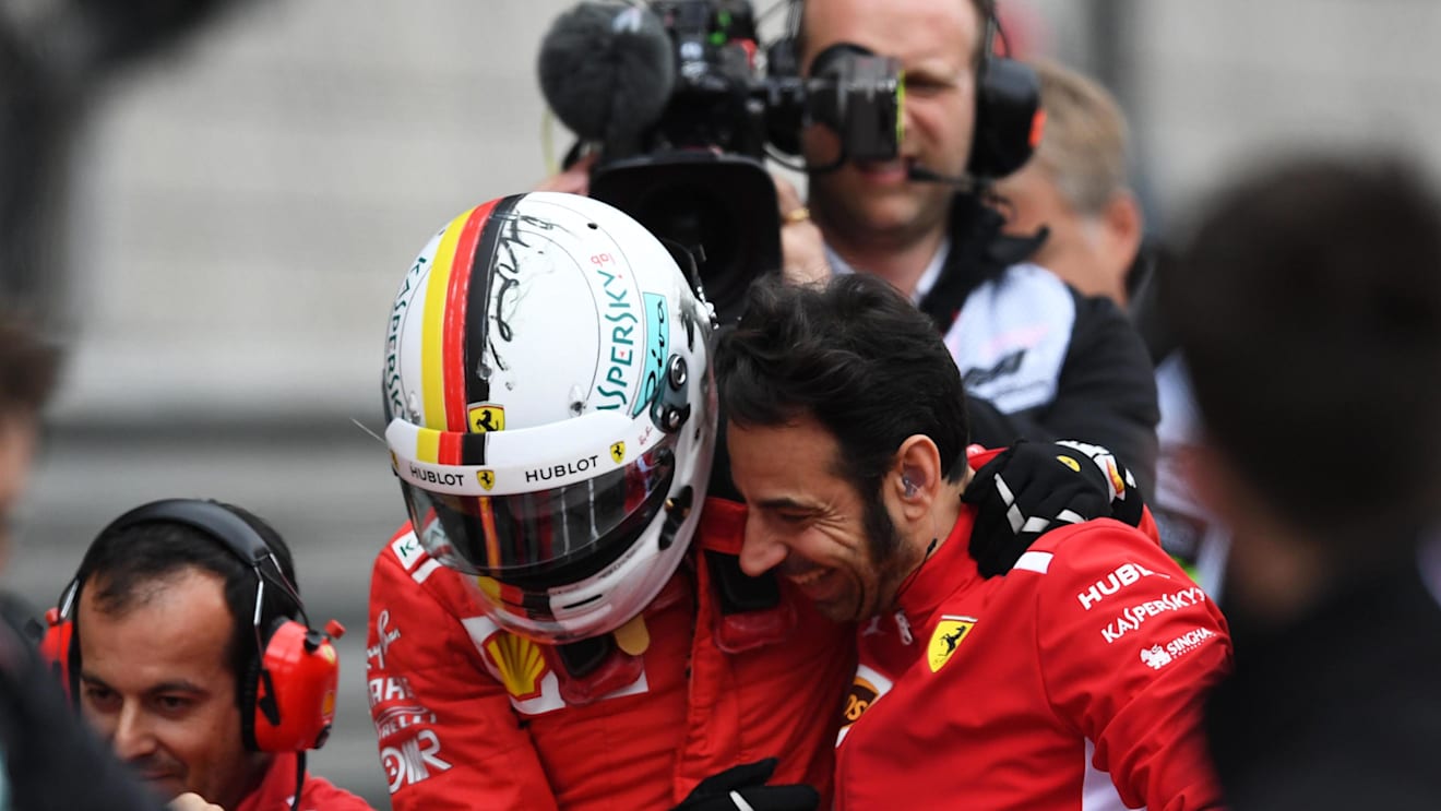 Pole sitter Sebastian Vettel (GER) Ferrari celebrates in parc ferme at Formula One World Championship, Rd3, Chinese Grand Prix, Qualifying, Shanghai, China, Saturday 14 April 2018. © Simon Galloway/Sutton Images