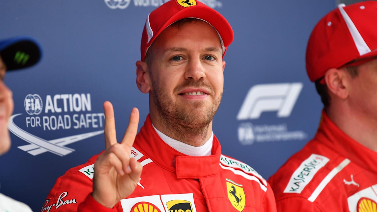 Pole sitter Sebastian Vettel (GER) Ferrari celebrates in parc ferme at Formula One World Championship, Rd3, Chinese Grand Prix, Qualifying, Shanghai, China, Saturday 14 April 2018. © Mark Sutton/Sutton Images