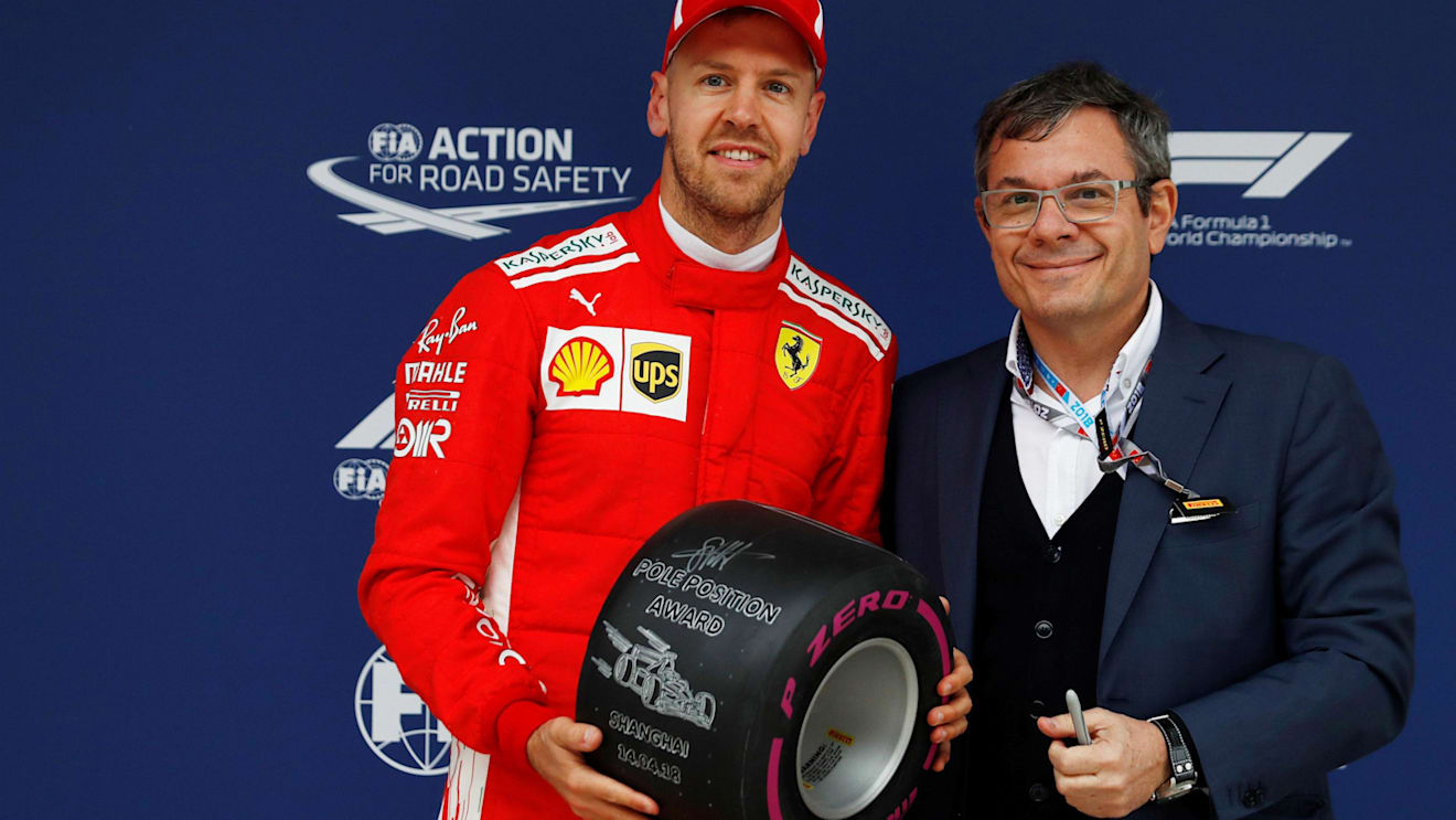 Pole sitter Sebastian Vettel (GER) Ferrari with the Pirelli Pole Position Award in parc ferme at Formula One World Championship, Rd3, Chinese Grand Prix, Qualifying, Shanghai, China, Saturday 14 April 2018. © Glenn Dunbar/LAT/Sutton Images