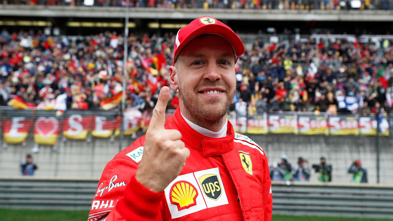 Pole sitter Sebastian Vettel (GER) Ferrari celebrates in parc ferme at Formula One World Championship, Rd3, Chinese Grand Prix, Qualifying, Shanghai, China, Saturday 14 April 2018. © Steven Tee/LAT/Sutton Images