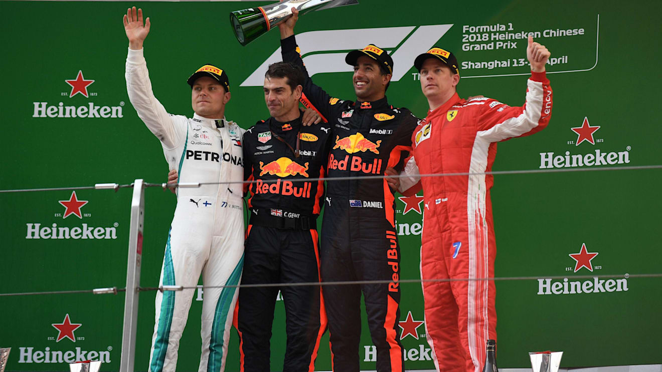 Valtteri Bottas (FIN), Daniel Ricciardo (AUS) and Kimi Raikkonen (FIN) celebrate on the podium at Formula One World Championship, Rd3, Chinese Grand Prix, Race, Shanghai, China, Sunday 15 April 2018. © Simon Galloway/Sutton Images
