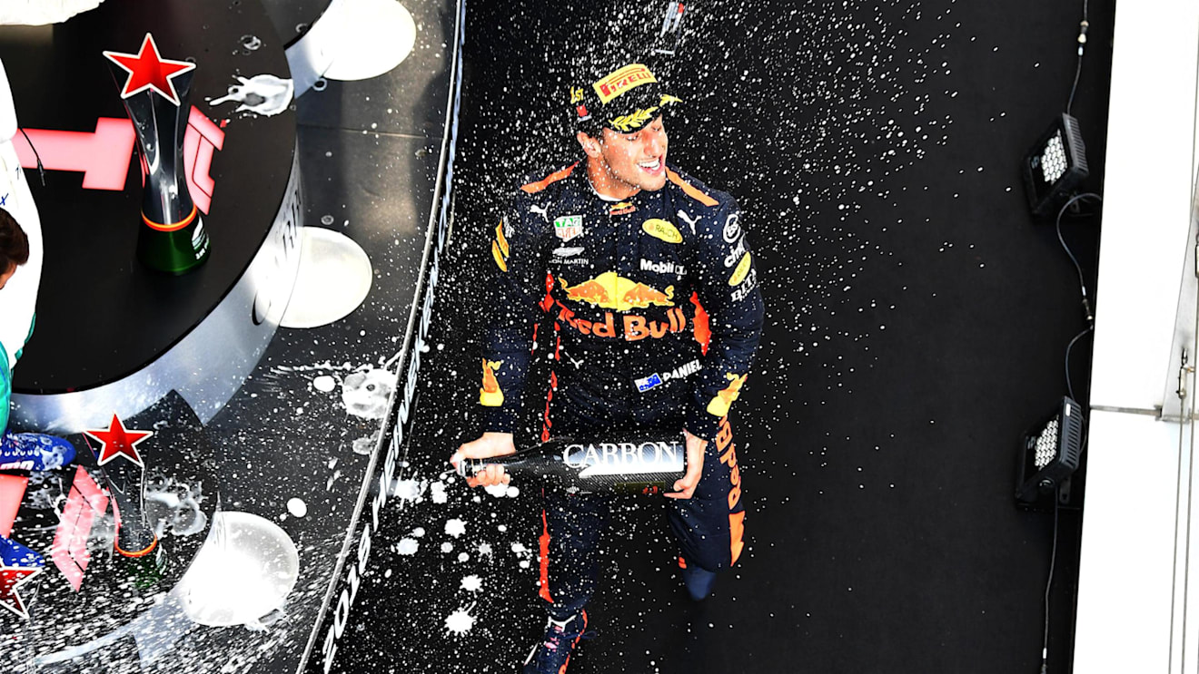 Race winner Daniel Ricciardo (AUS) Red Bull Racing celebrates on the podium with the champagne at Formula One World Championship, Rd3, Chinese Grand Prix, Race, Shanghai, China, Sunday 15 April 2018. © Mark Sutton/Sutton Images