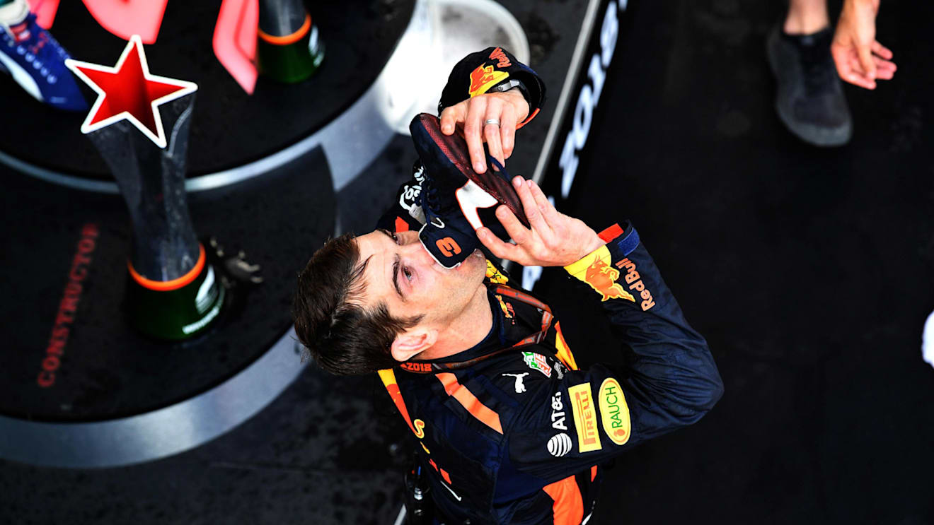 Podium celebrations and shoey at Formula One World Championship, Rd3, Chinese Grand Prix, Race, Shanghai, China, Sunday 15 April 2018. © Mark Sutton/Sutton Images
