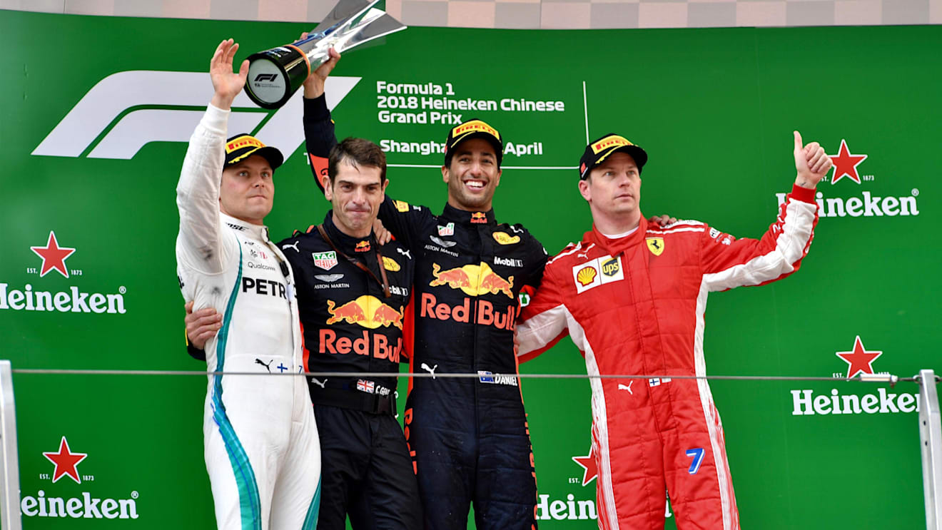 Valtteri Bottas (FIN), Daniel Ricciardo (AUS) and Kimi Raikkonen (FIN) celebrate on the podium at Formula One World Championship, Rd3, Chinese Grand Prix, Race, Shanghai, China, Sunday 15 April 2018. © Jerry Andre/Sutton Images