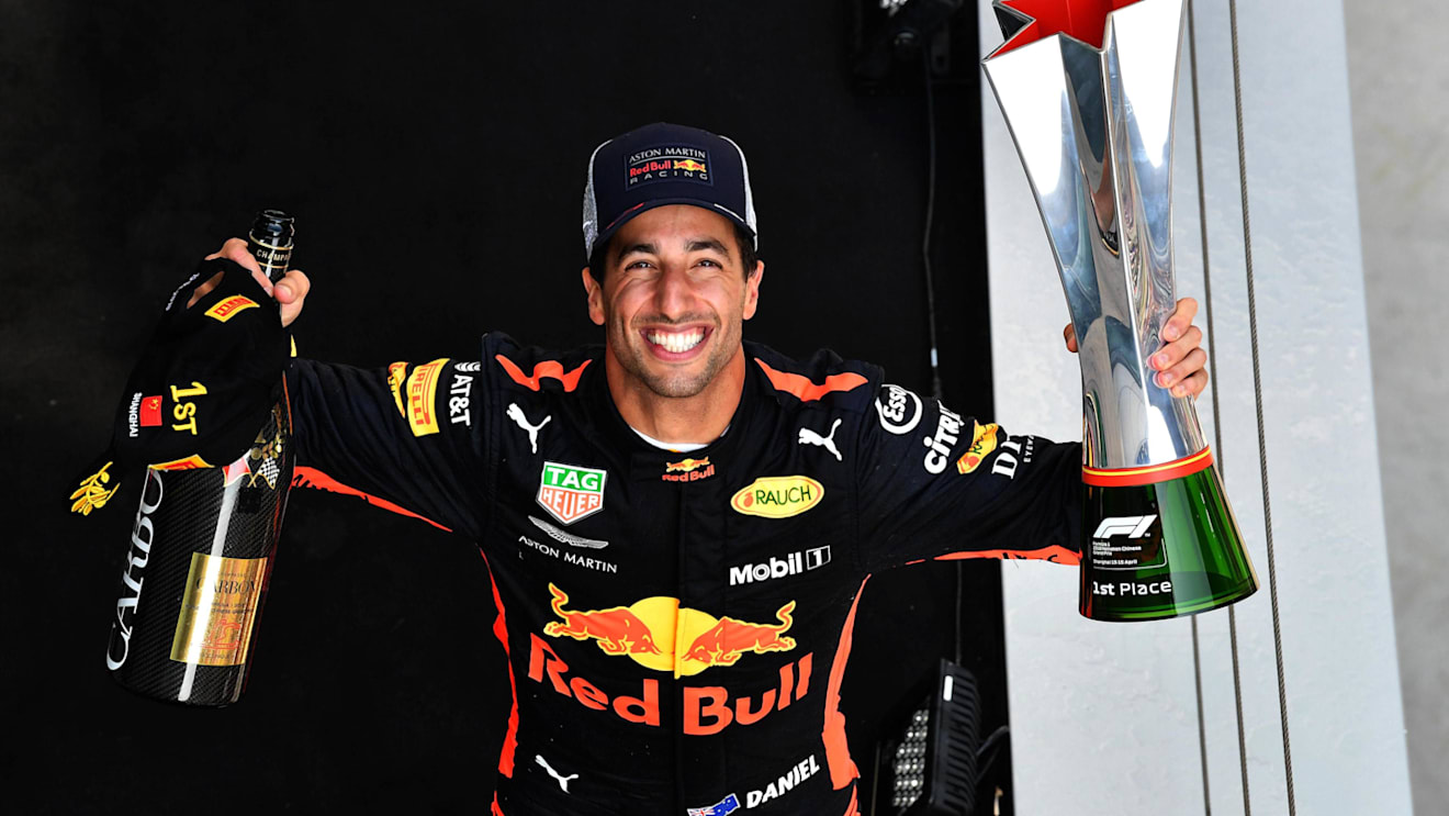 Race winner Daniel Ricciardo (AUS) Red Bull Racing celebrates on the podium with the trophy at Formula One World Championship, Rd3, Chinese Grand Prix, Race, Shanghai, China, Sunday 15 April 2018. © Mark Sutton/Sutton Images
