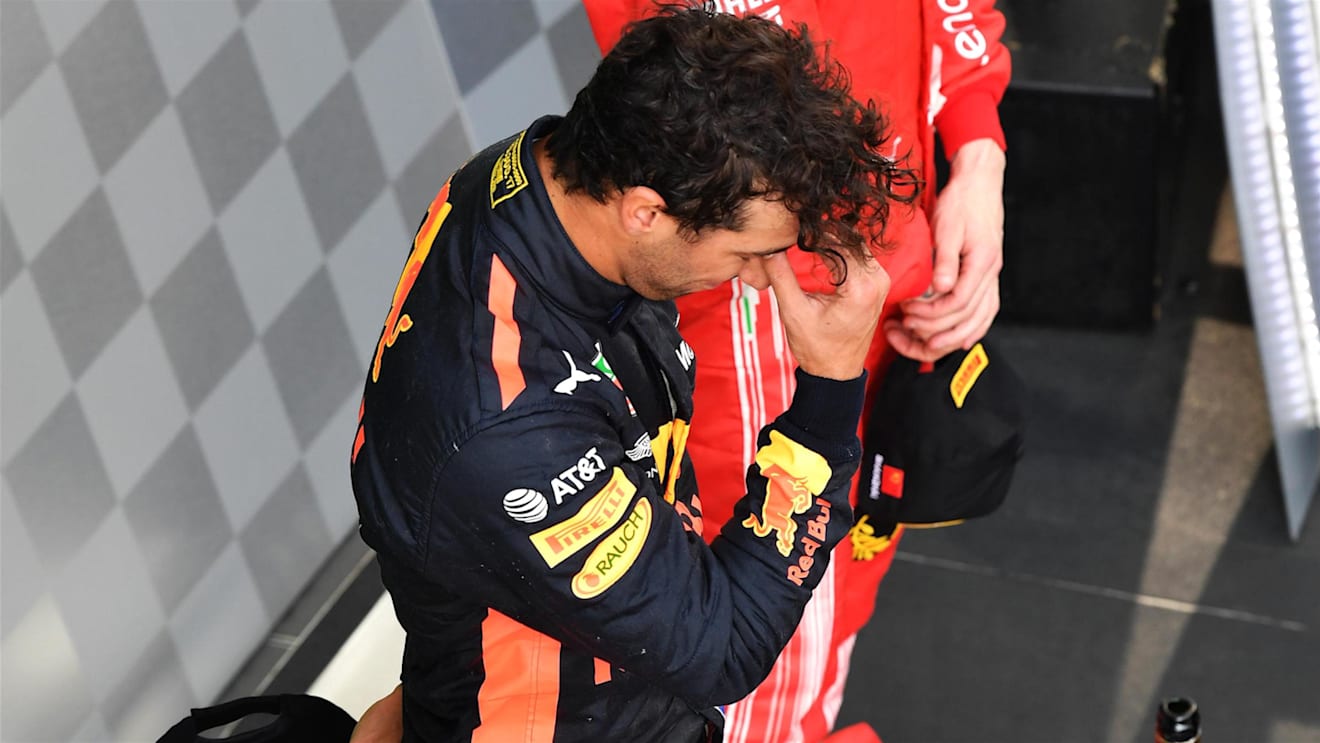 Daniel Ricciardo (AUS) Red Bull Racing and Kimi Raikkonen (FIN) Ferrari on the podium at Formula One World Championship, Rd3, Chinese Grand Prix, Race, Shanghai, China, Sunday 15 April 2018. © Mark Sutton/Sutton Images