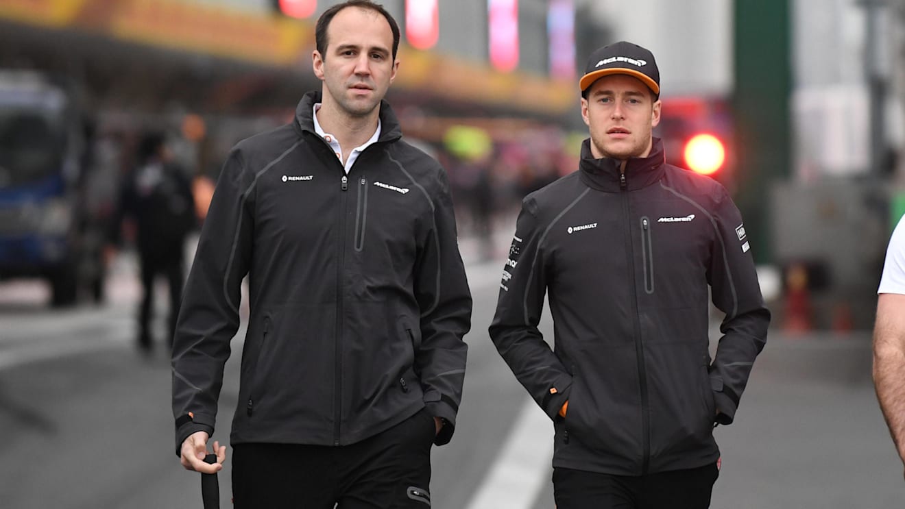 Stoffel Vandoorne (BEL) McLaren walks the track with Tom Stallard (GBR) McLaren Engineer at Formula One World Championship, Rd3, Chinese Grand Prix, Preparations, Shanghai, China, Thursday 12 April 2018. © Simon Galloway/Sutton Images