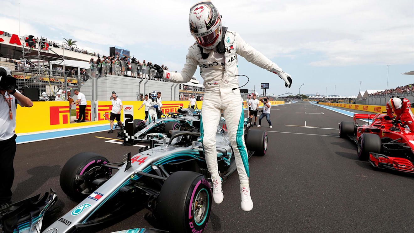 Pole sitter Lewis Hamilton (GBR) Mercedes-AMG F1 W09 EQ Power+ celebrates in parc ferme at Formula One World Championship, Rd8, French Grand Prix, Qualifying, Paul Ricard, France, Saturday 23 June 2018. © Steven Tee/LAT/Sutton Images