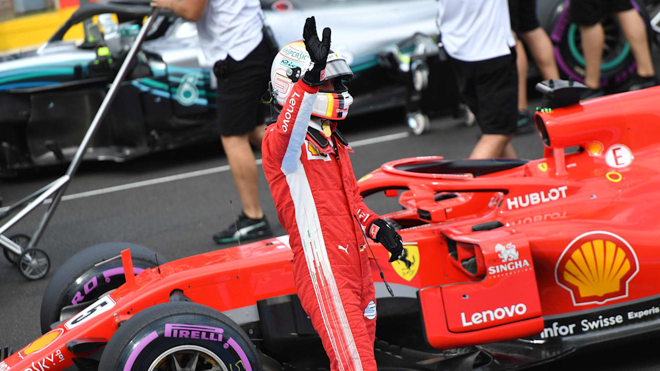 Sebastian Vettel (GER) Ferrari celebrates in parc ferme at Formula One World Championship, Rd8, French Grand Prix, Qualifying, Paul Ricard, France, Saturday 23 June 2018. © Manuel Goria/Sutton Images