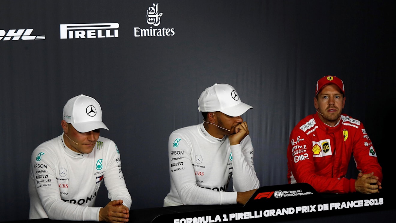 Valtteri Bottas (FIN) Mercedes-AMG F1, Lewis Hamilton (GBR) Mercedes-AMG F1 and Sebastian Vettel (GER) Ferrari in th Press Conference at Formula One World Championship, Rd8, French Grand Prix, Qualifying, Paul Ricard, France, Saturday 23 June 2018. © Manuel Goria/Sutton Images