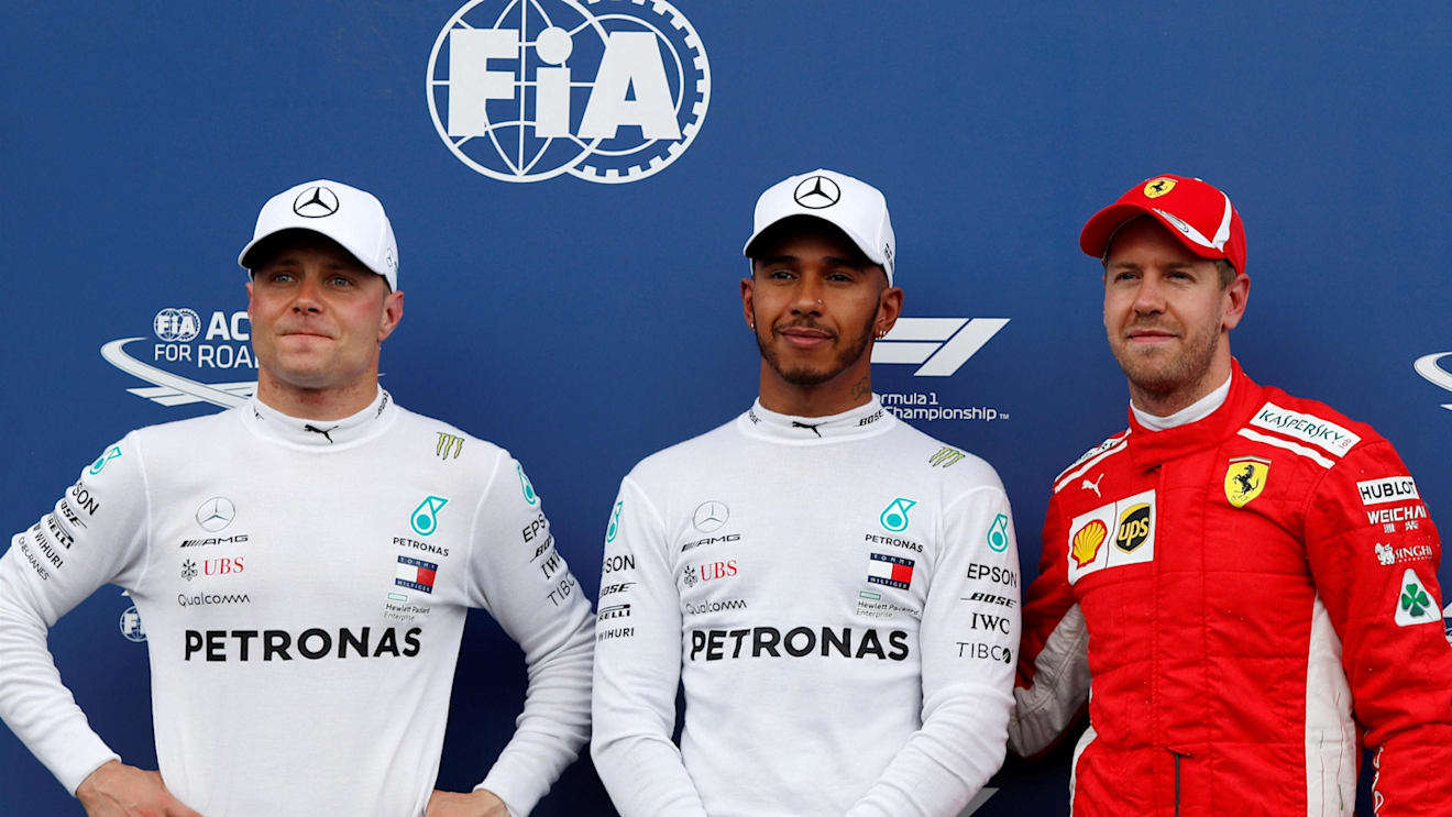 Valtteri Bottas (FIN) Mercedes-AMG F1, Lewis Hamilton (GBR) Mercedes-AMG F1 and Sebastian Vettel (GER) Ferrari in parc ferme at Formula One World Championship, Rd8, French Grand Prix, Qualifying, Paul Ricard, France, Saturday 23 June 2018. © Manuel Goria/Sutton Images