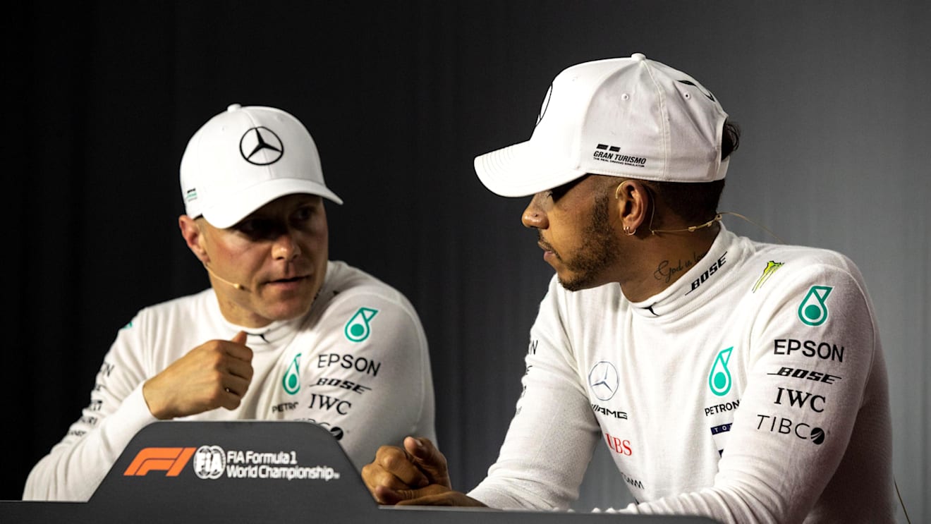 Valtteri Bottas (FIN) Mercedes-AMG F1 and Lewis Hamilton (GBR) Mercedes-AMG F1 in the Press Conference at Formula One World Championship, Rd8, French Grand Prix, Qualifying, Paul Ricard, France, Saturday 23 June 2018. © Manuel Goria/Sutton Images