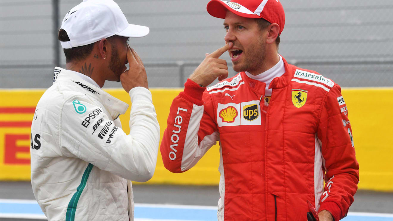 Lewis Hamilton (GBR) Mercedes-AMG F1 and Sebastian Vettel (GER) Ferrari in parc ferme at Formula One World Championship, Rd8, French Grand Prix, Qualifying, Paul Ricard, France, Saturday 23 June 2018. © Mark Sutton/Sutton Images