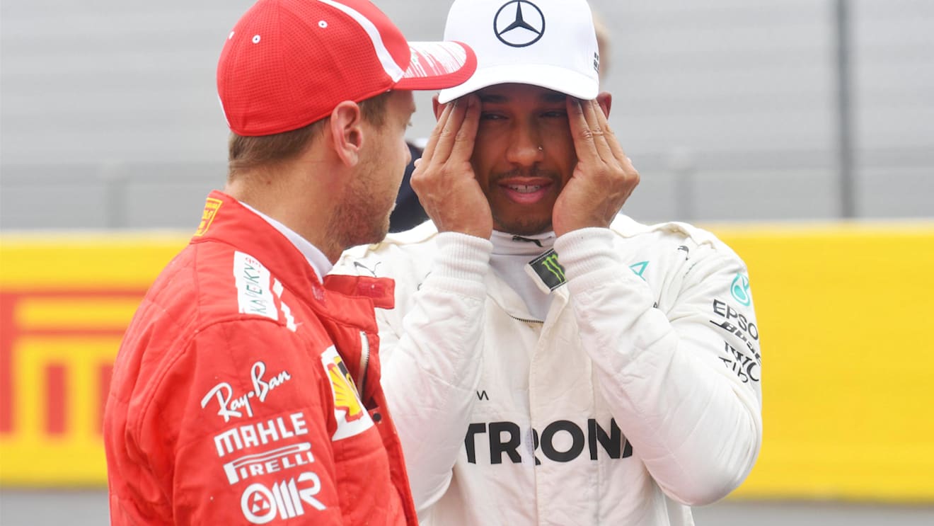 Lewis Hamilton (GBR) Mercedes-AMG F1 and Sebastian Vettel (GER) Ferrari celebrate in parc ferme at Formula One World Championship, Rd8, French Grand Prix, Qualifying, Paul Ricard, France, Saturday 23 June 2018. © Mark Sutton/Sutton Images