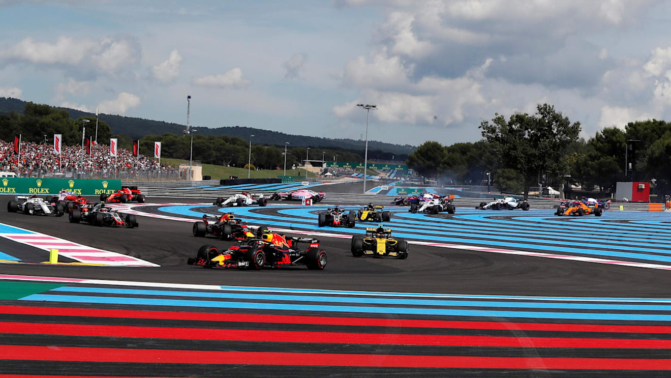 Max Verstappen (NED) Red Bull Racing RB14 as Esteban Ocon (FRA) Force India VJM11 and Pierre Gasly (FRA) Scuderia Toro Rosso STR13 collide at the back at Formula One World Championship, Rd8, French Grand Prix, Race, Paul Ricard, France, Sunday 24 June 201
