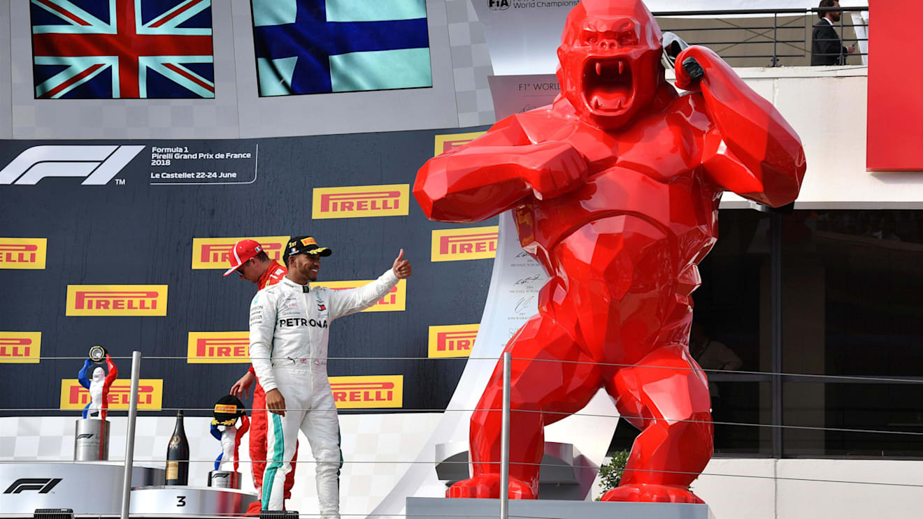 Race winner Lewis Hamilton (GBR) Mercedes-AMG F1 celebrates on the podium at Formula One World Championship, Rd8, French Grand Prix, Race, Paul Ricard, France, Sunday 24 June 2018. © Mark Sutton/Sutton Images
